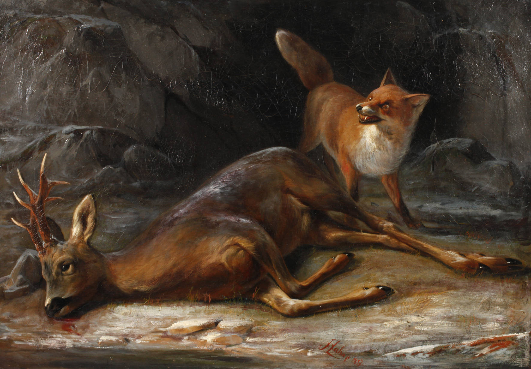 Friedrich Zahn, attr., Fuchs mit erlegtem Rehbock