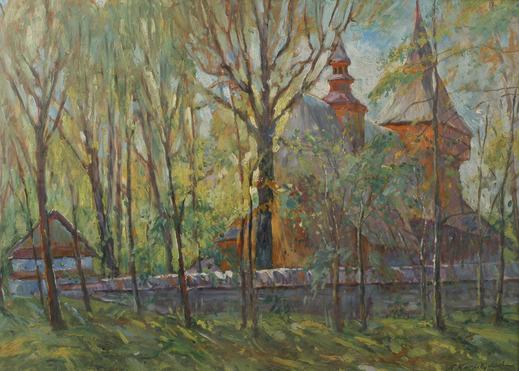 S. Kowalsky, Kirche hinter Bäumen