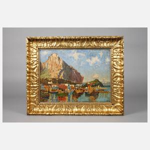 Boote vor mediterraner Küstenstadt