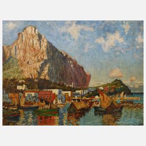 Boote vor mediterraner Küstenstadt