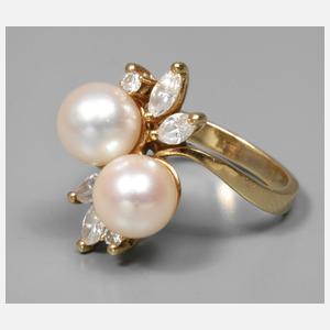 Damenring mit Diamanten und Perlen, ca. 0,54 ct