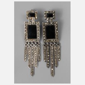 Paar Ohrhänger mit Onyx und Markasitbesatz