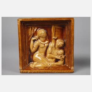 Drei Keramikkacheln mit Liebesszenen