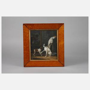 Interieur mit Hunden und Kakadu