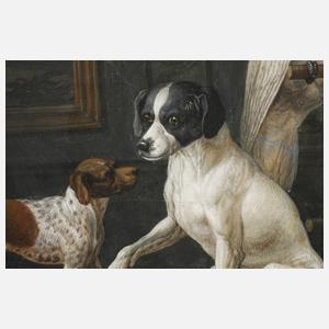 Interieur mit Hunden und Kakadu