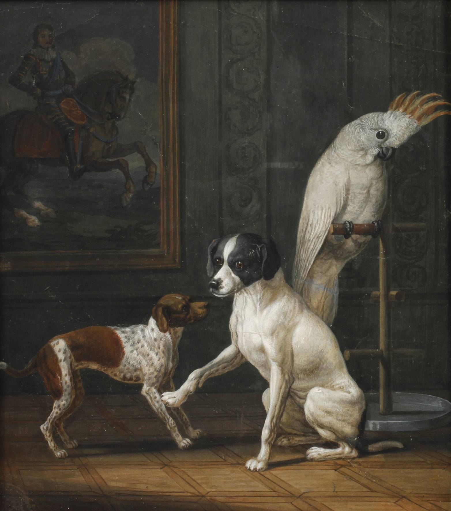 Interieur mit Hunden und Kakadu