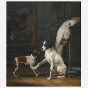 Interieur mit Hunden und Kakadu