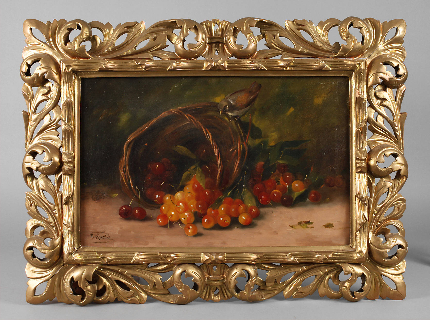 Prof. Wilhelm Krausz, attr., Kirschenstillleben mit Spatz