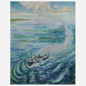 Jacques Le Roux, attr., Dampfer vor mediterraner Küste