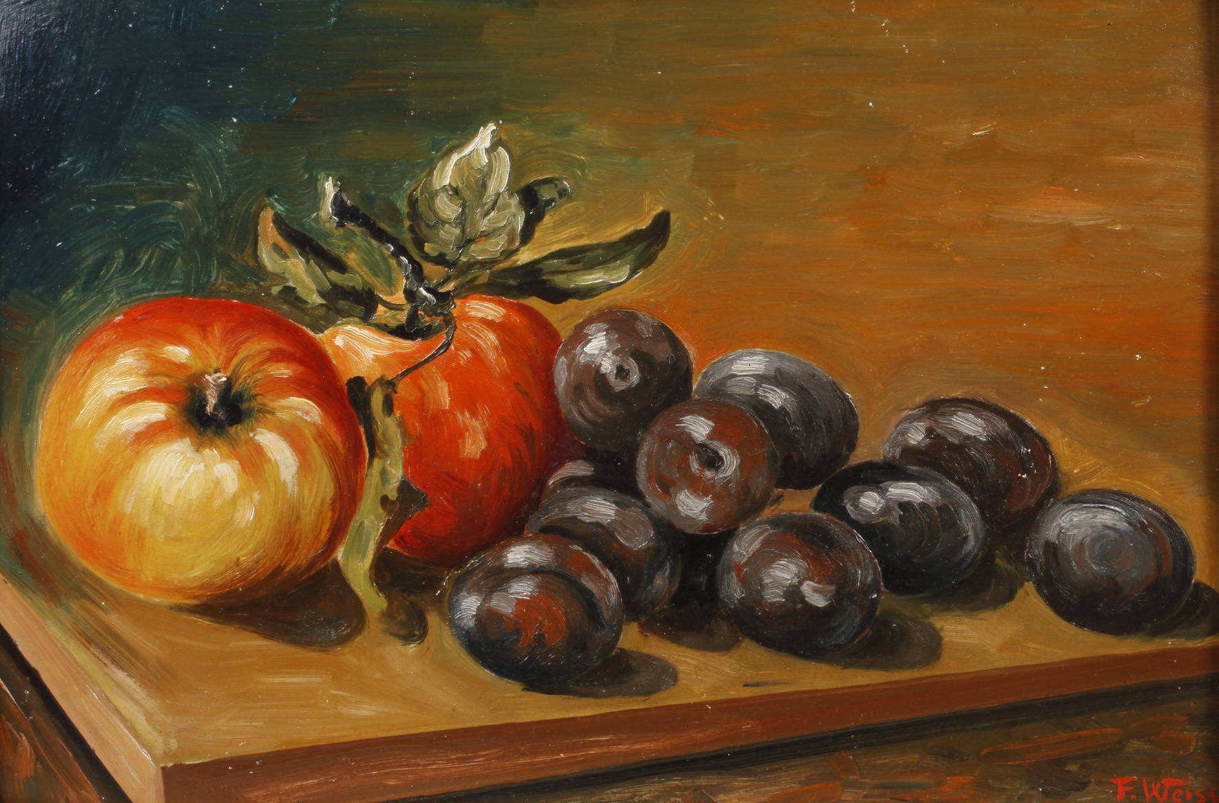 F. Weiss, Stillleben mit Äpfeln und Pflaumen
