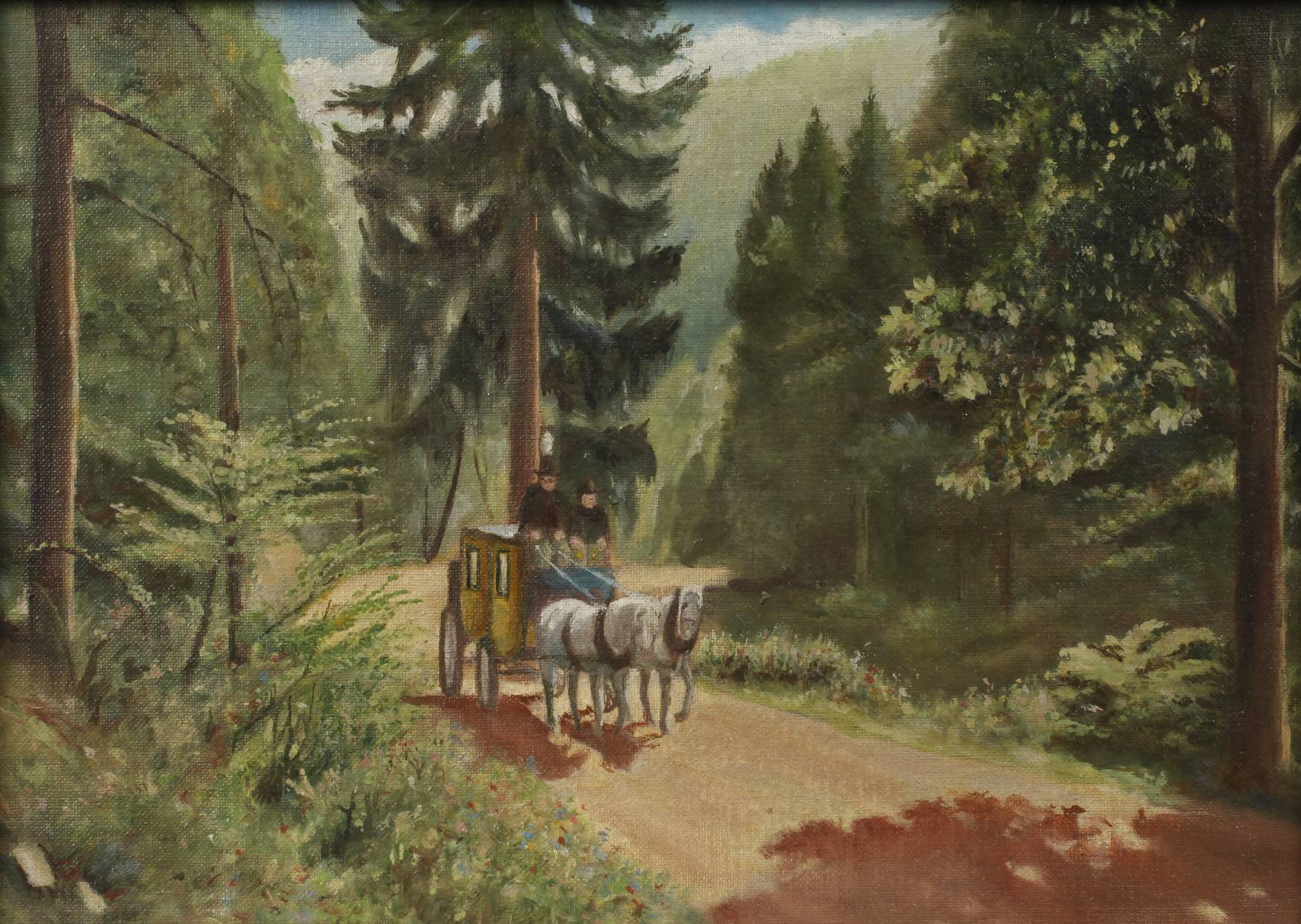 Waldweg mit Postkutsche