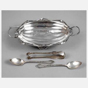 Silberschale Russland, dazu drei Besteckteile