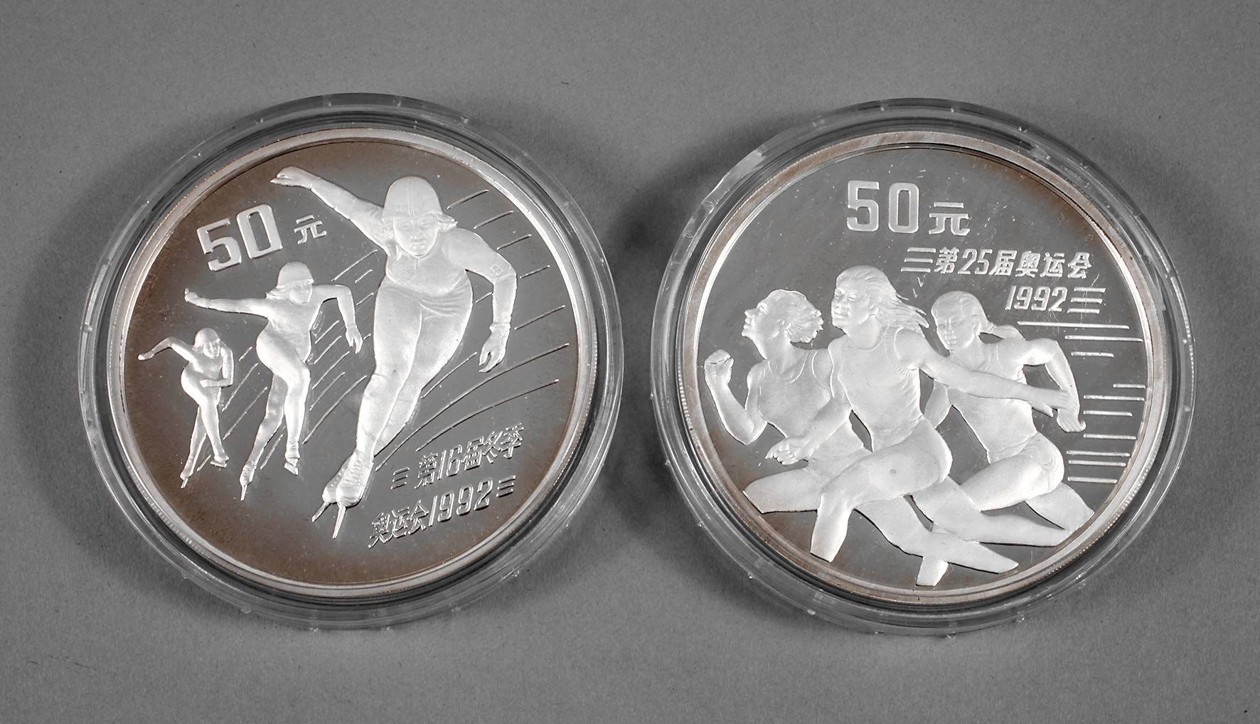 Paar Silbermünzen China Olympia