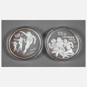 Paar Silbermünzen China Olympia