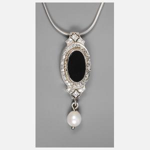 Platinanhänger mit Diamanten, Onyx und Perle