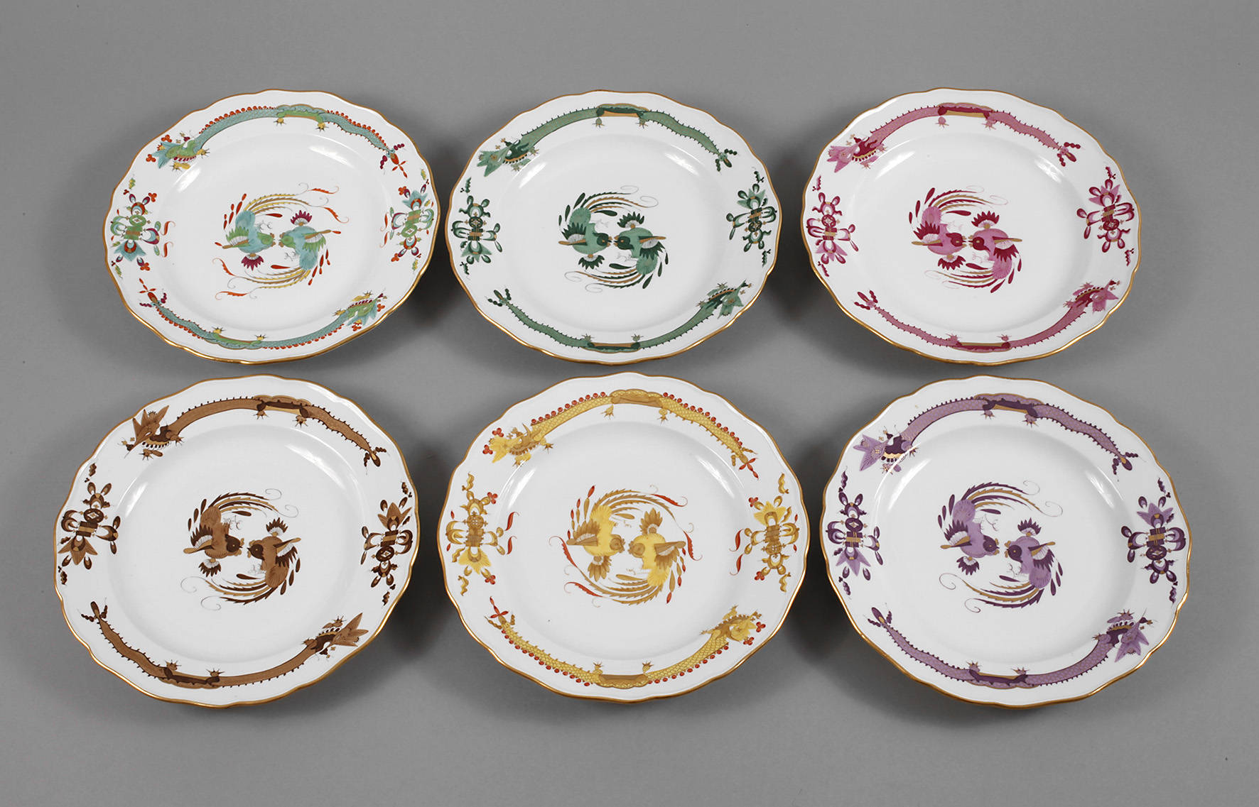 Meissen sechs Speiseteller Drachenmalerei