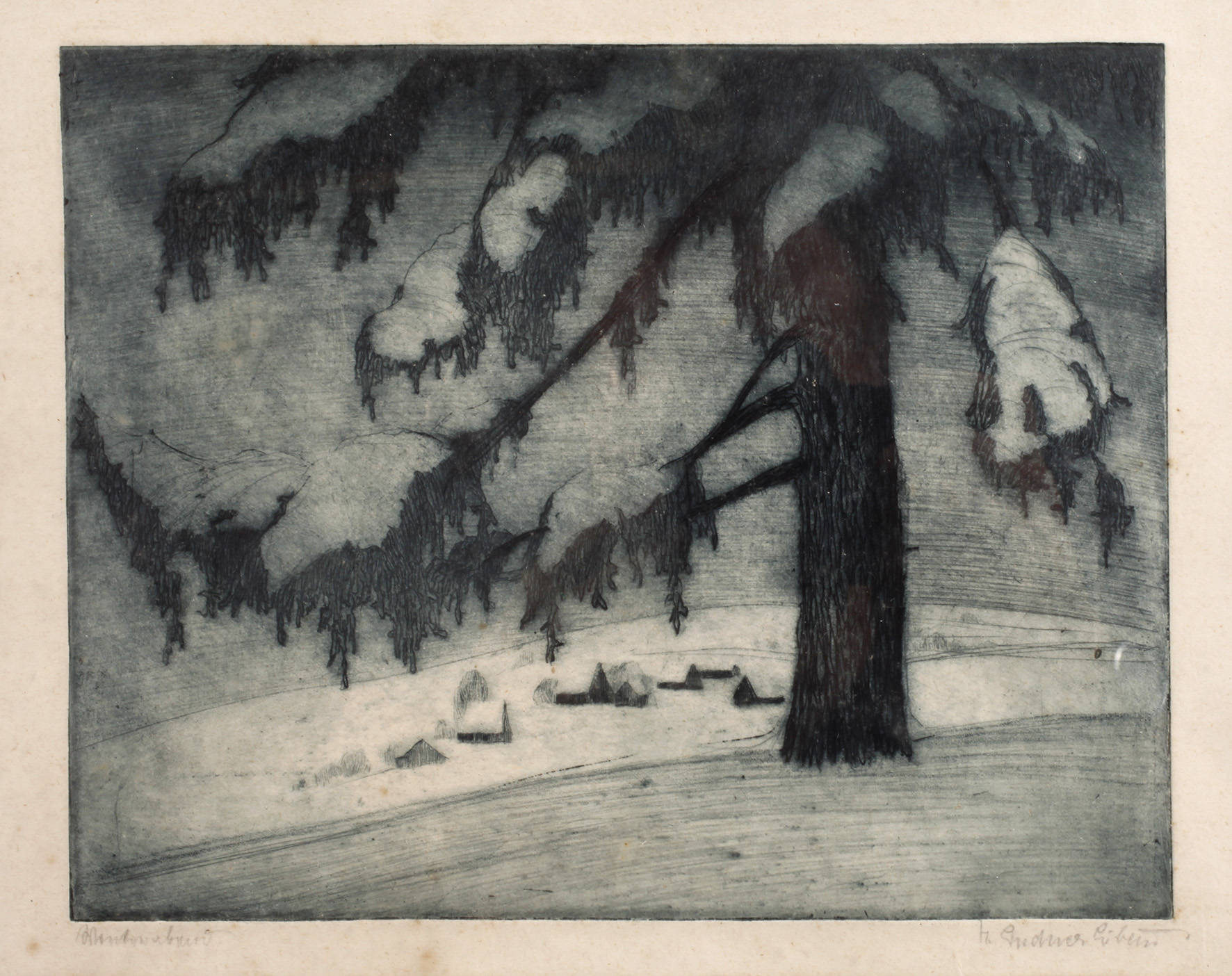 Radierung Winterabend