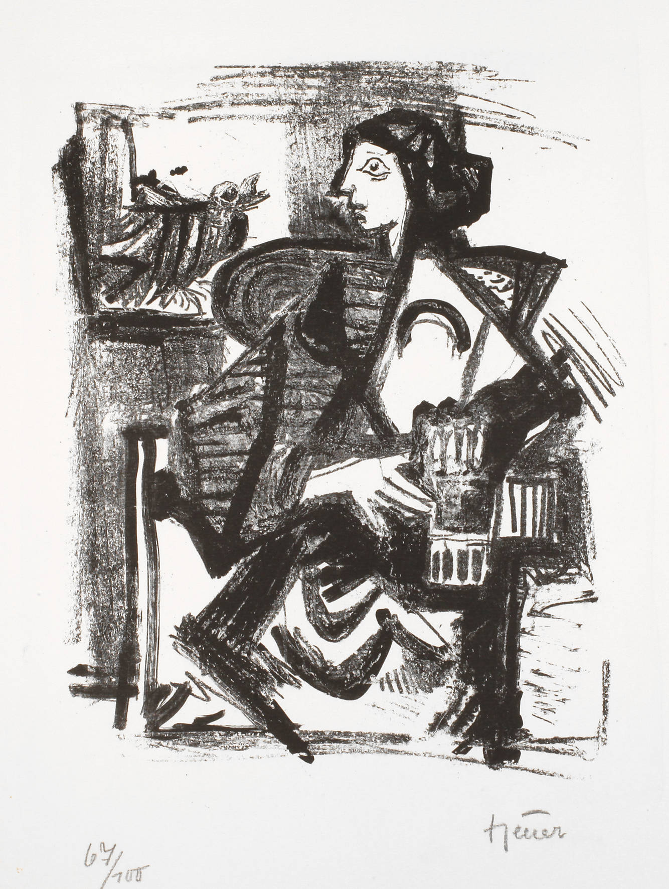 Joachim Heuer, Interieur mit Frau und Vogel