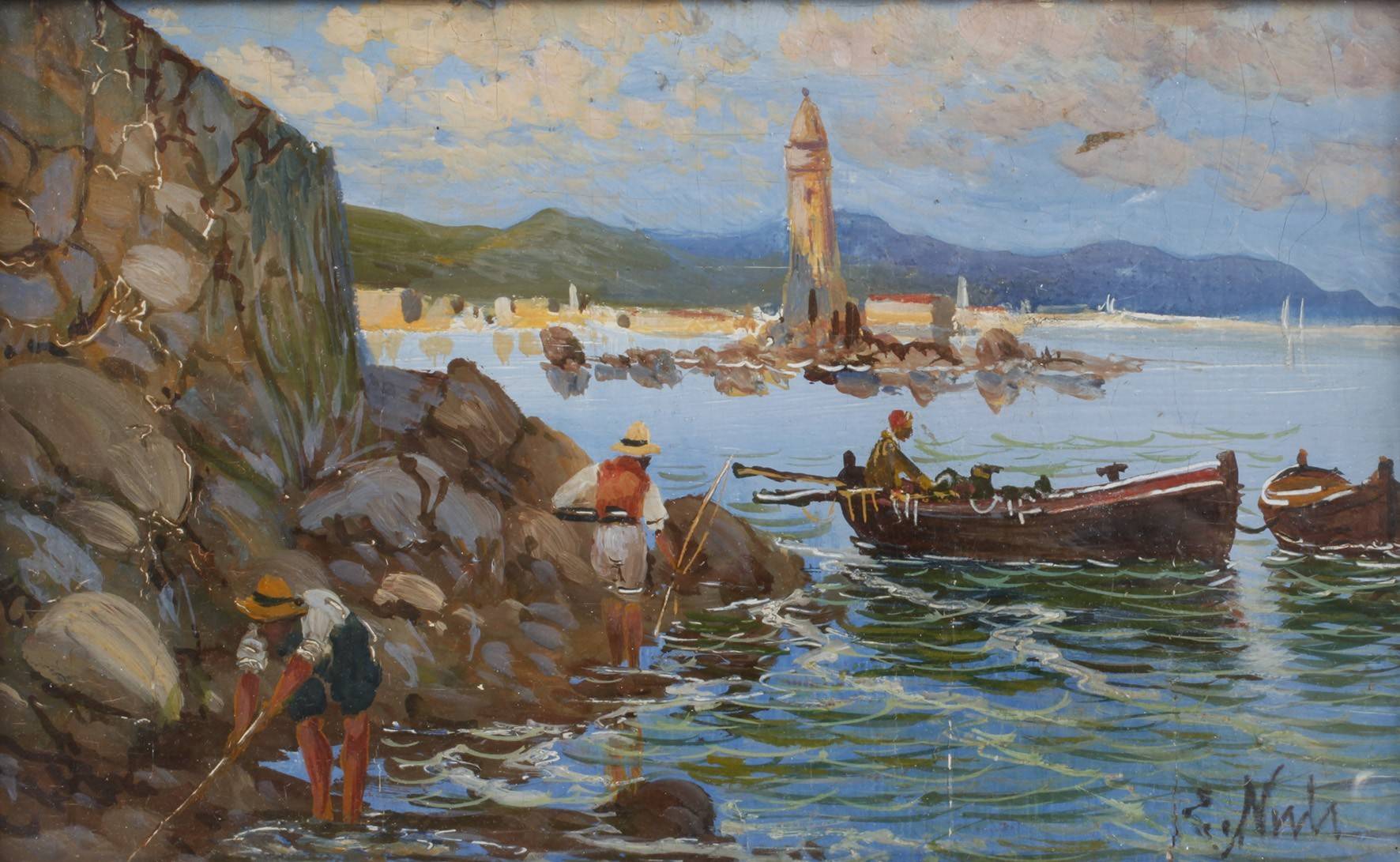 Enrico Nuti, Küstenlandschaft mit Fischern