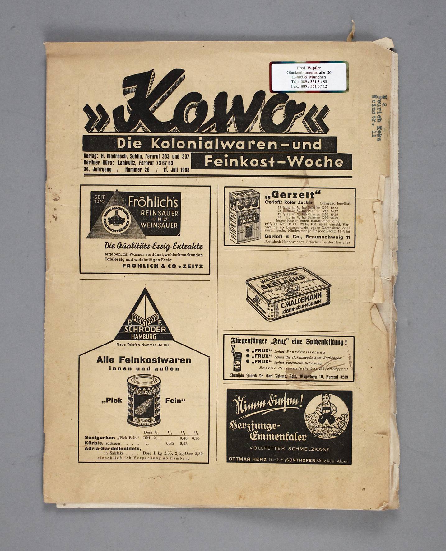 Kolonialwaren-Zeitschrift mit Briefmarken