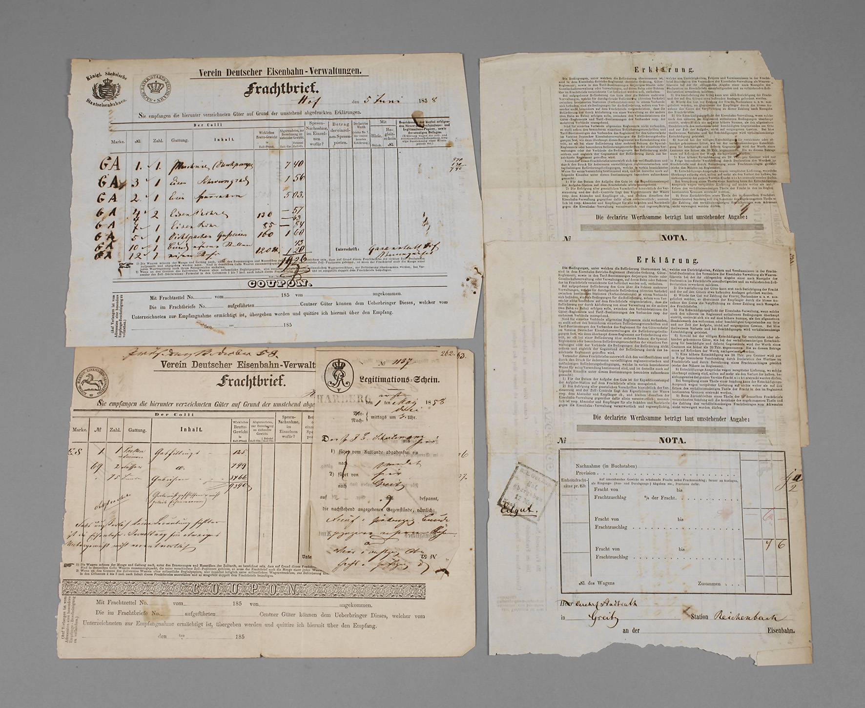 Vier Frachtbriefe Verein Deutscher Eisenbahn-Verwaltungen