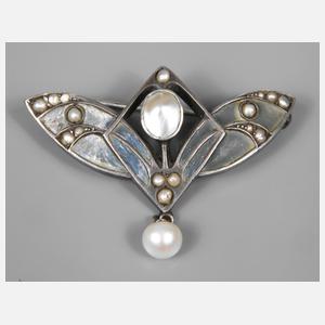 Brosche mit Fensteremaille und Perlen