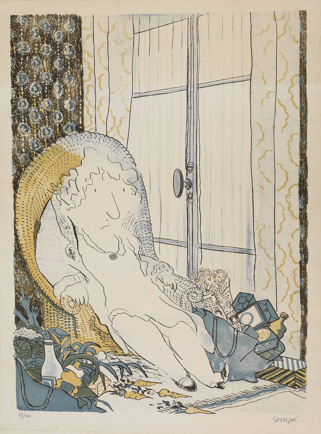 Jean Jacques Sempé, Nach dem Einkauf völlig erschöpft in ihrem Sessel versunkene Dame, flankiert von gut gefüllten Einkaufstaschen, Farblithografie, um 1980, unter der Darstellung in Blei rechts signiert „sempé“ und links nummeriert 78/100, auf Unter