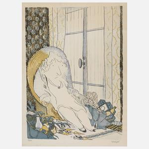 Jean Jacques Sempé, Nach dem Einkauf völlig erschöpft in ihrem Sessel versunkene Dame, flankiert von gut gefüllten Einkaufstaschen, Farblithografie, um 1980, unter der Darstellung in Blei rechts signiert „sempé“ und links nummeriert 78/100, auf Unter