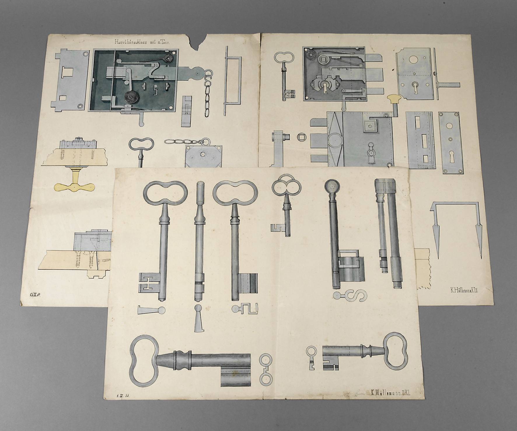 Konvolut Zeichnungen Schlösser und Schlüssel