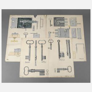 Konvolut Zeichnungen Schlösser und Schlüssel