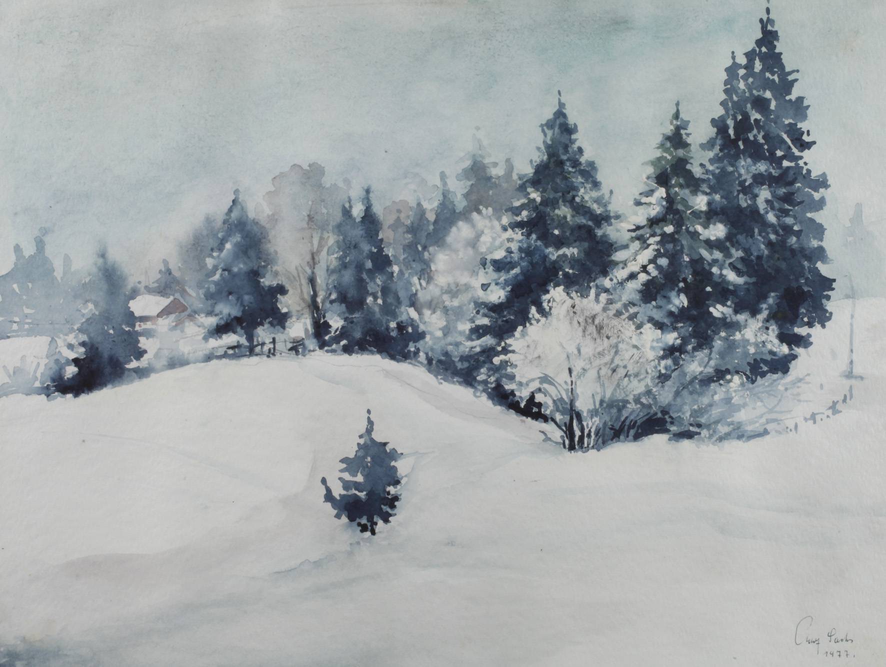 Adolf Sachs, Winterlandschaft mit Hütte