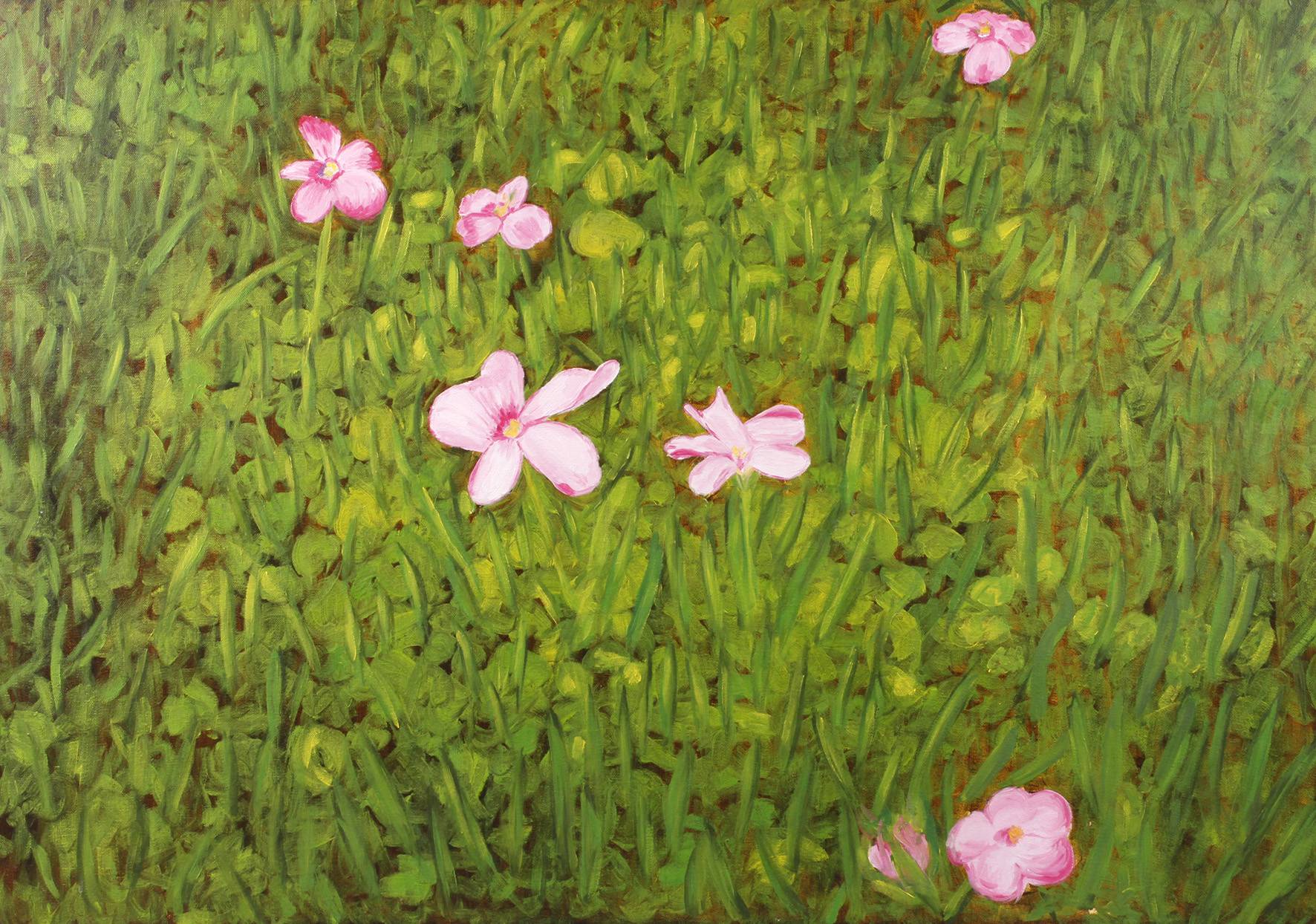 Sabine Preis, ”Grüne Wiese mit rosa Blümchen”