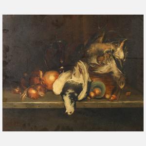 J. Nisbet, Stillleben mit geschossenen Vögeln und Zwiebeln