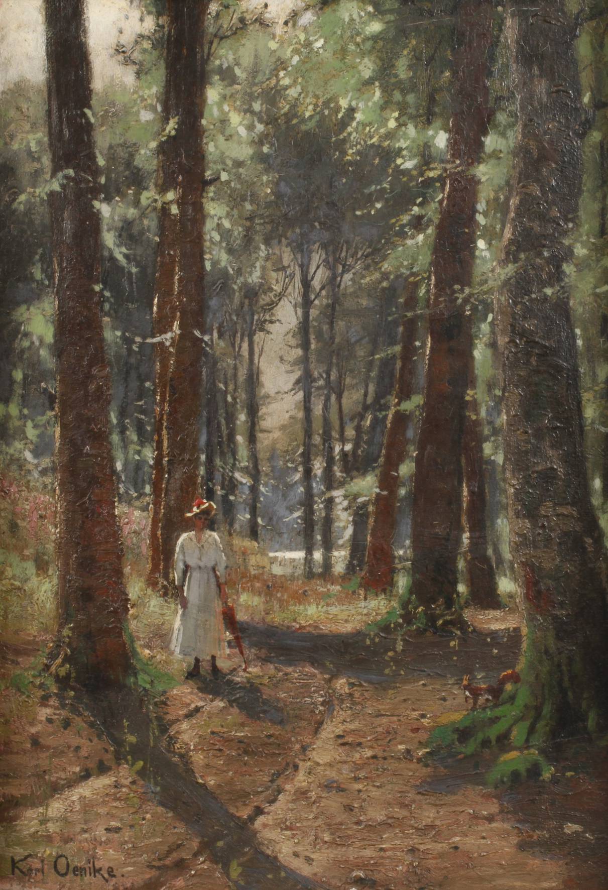 Karl Oenike, Waldweg mit Dame und Eichhörnchen