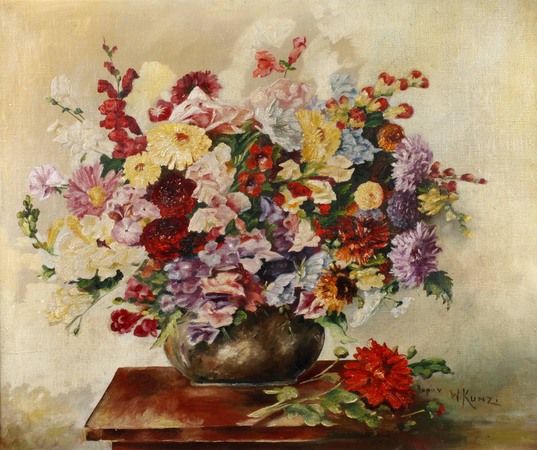 W. Kunz, Blumenstrauß in bauchiger Vase