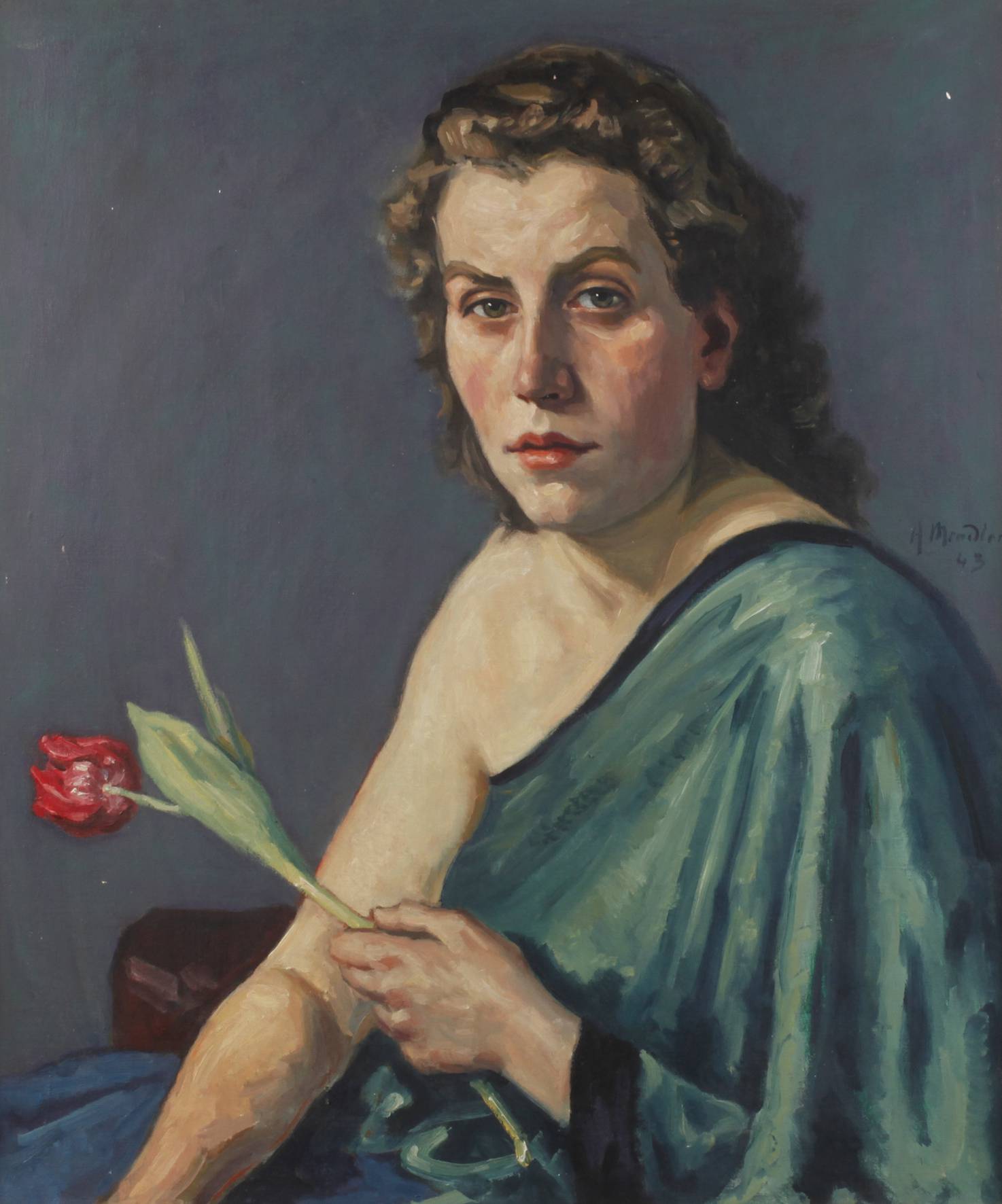 A. Mendler, Damenportrait mit Tulpe