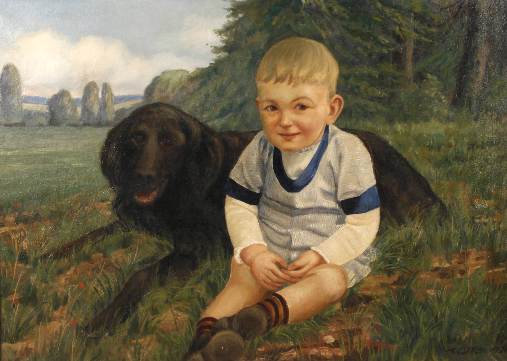 K. Otto, Kind mit Hund in Sommerlandschaft