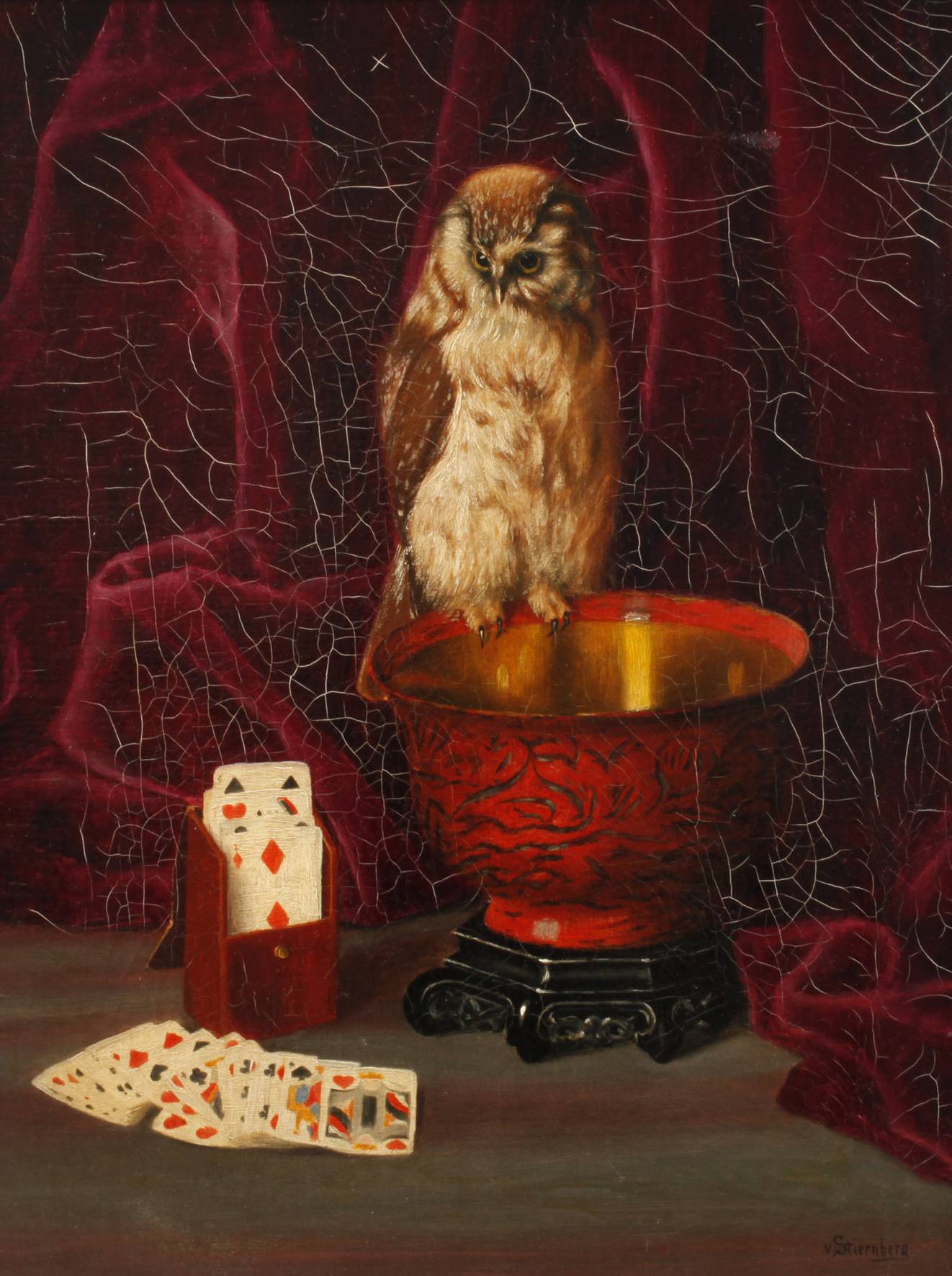 Theodor von Stiernberg, Stillleben mit Käuzchen und Kartenspiel