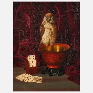 Theodor von Stiernberg, Stillleben mit Käuzchen und Kartenspiel