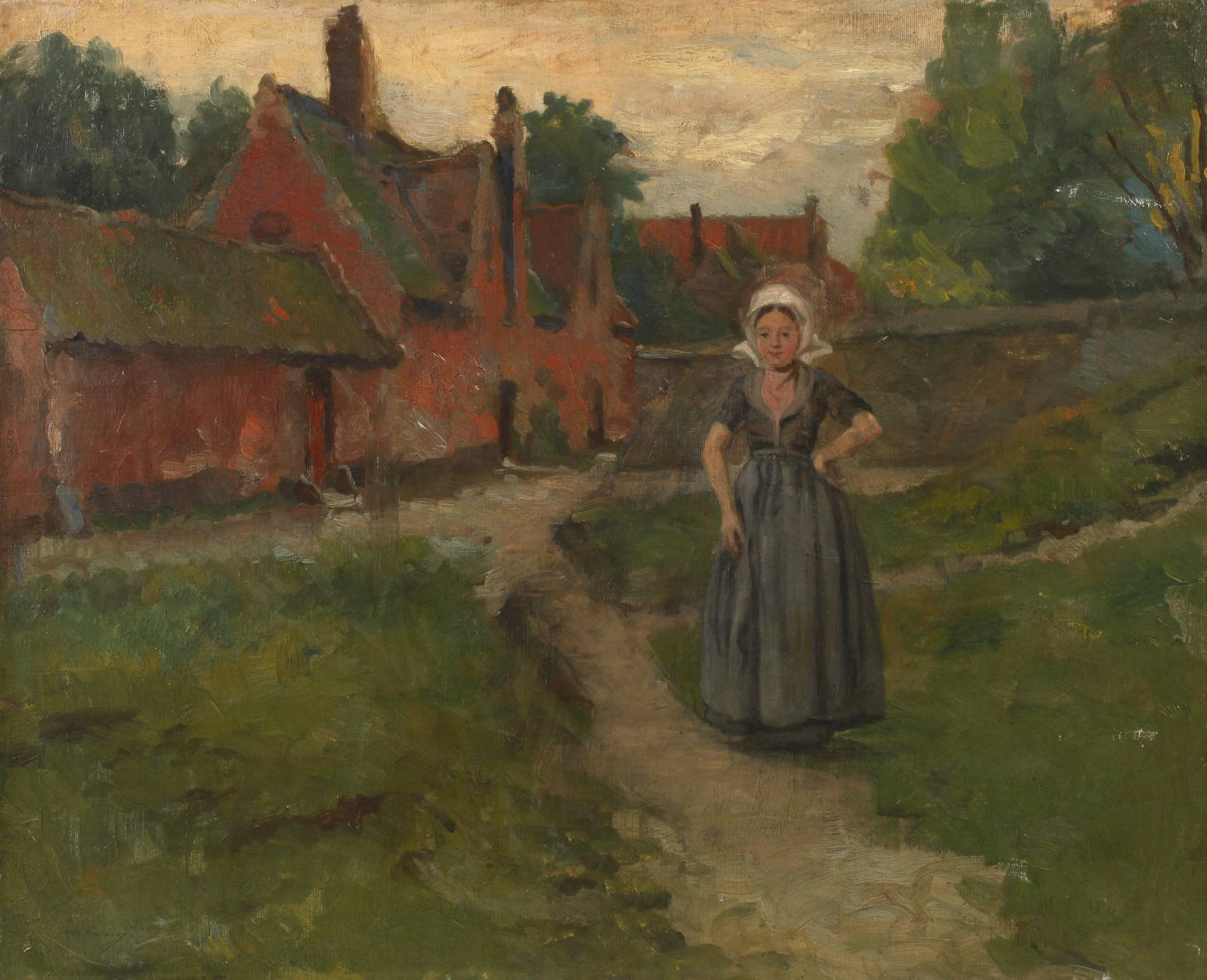 Bäuerin vor niederländischem Dorfidyll
