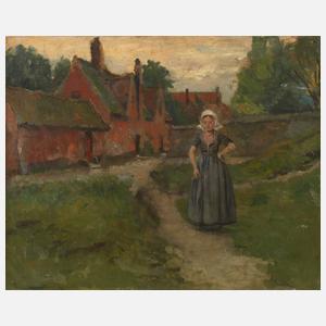 Bäuerin vor niederländischem Dorfidyll