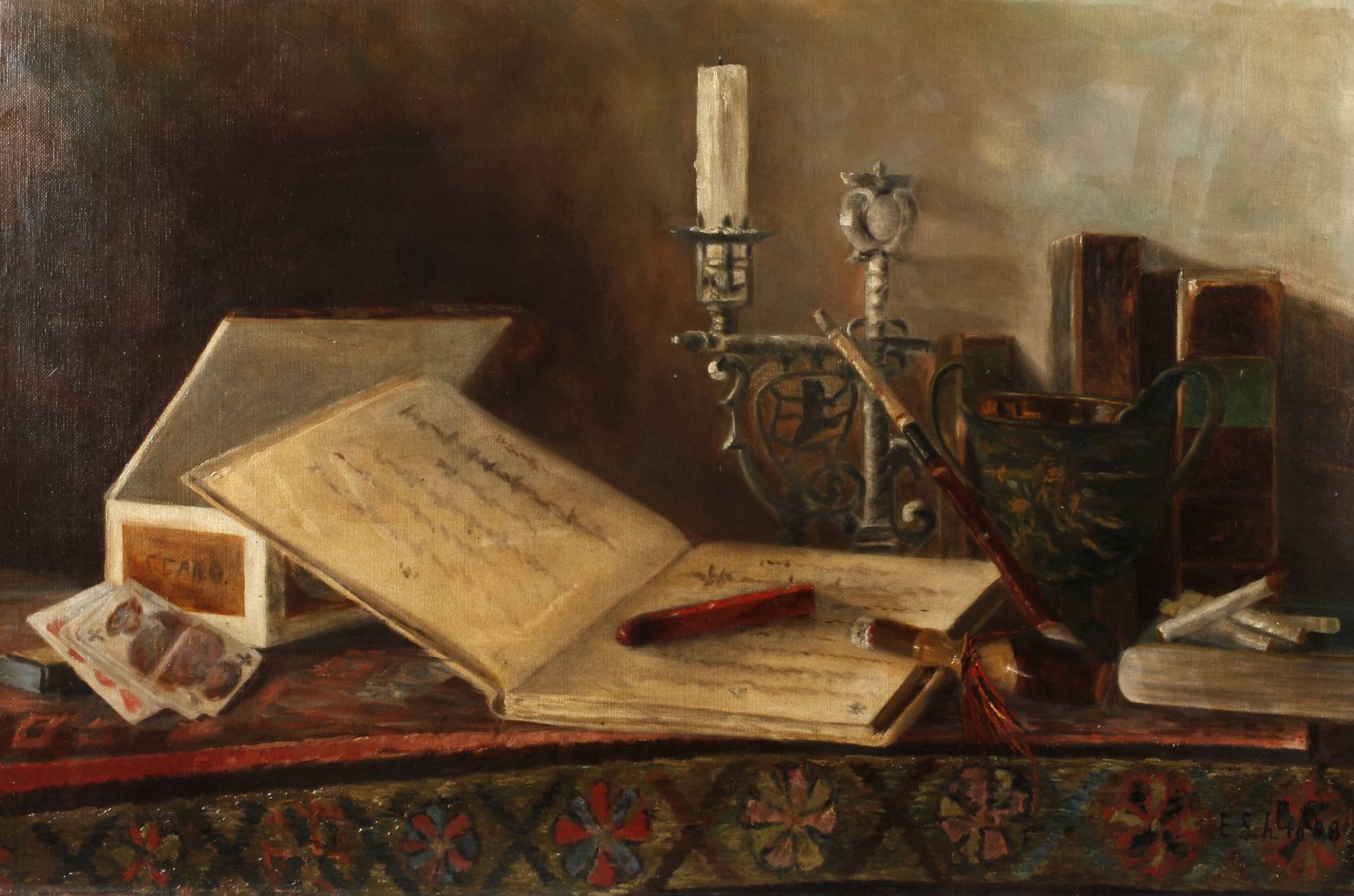 Schreibtischstillleben mit Pfeife