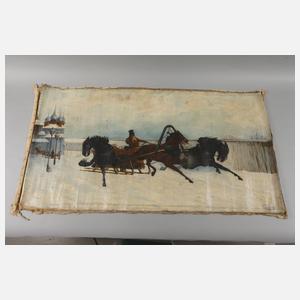 J. Zimorski, Pferdeschlitten vor russischem Dorf