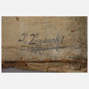 J. Zimorski, Pferdeschlitten vor russischem Dorf