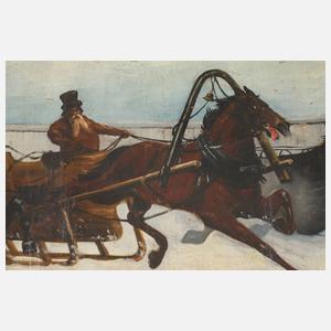 J. Zimorski, Pferdeschlitten vor russischem Dorf