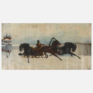 J. Zimorski, Pferdeschlitten vor russischem Dorf