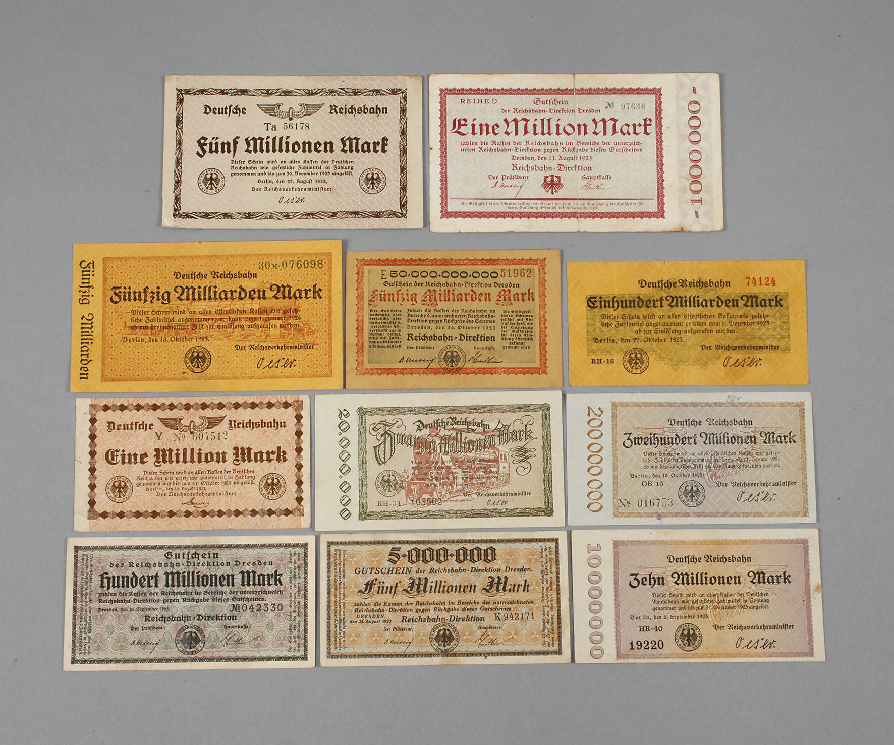 Konvolut Reichsbahngeldscheine 1923