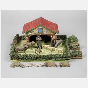 Elastolin Miniatur-Stall mit Lineol Schafherde