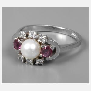 Damenring mit Brillanten, Rubinen und Perle