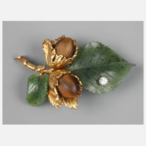 Zweigbrosche mit Nephrit und Tigerauge